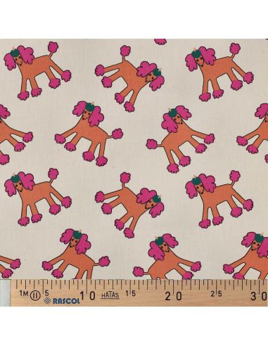 Tissu popeline de coton Jennifer Bouron - Chiens rose sur fond naturel